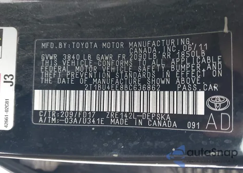 2011 Toyota Corolla S from USA, damaged, VIN 2T1BU4EE8BC636862